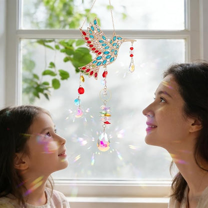 Hummingbird Gifts for Mom Grandma, Crystal Sun Catcher Hanging Indoor Window, Mothers Day Birthday Valentines Day Gifts for Women Bird Lovers, Love Pendant Home Decorations Garden Outdoor (Gold)