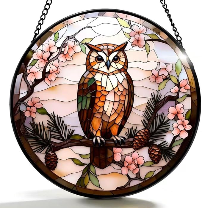 Stained Glass Window Hanging - The Owl is on The Branch of The Pine Tree 6.3 Inches Suncatcher for Garden Home Decor for Women Mon Grandma Friends