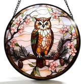 Stained Glass Window Hanging - The Owl is on The Branch of The Pine Tree 6.3 Inches Suncatcher for Garden Home Decor for Women Mon Grandma Friends