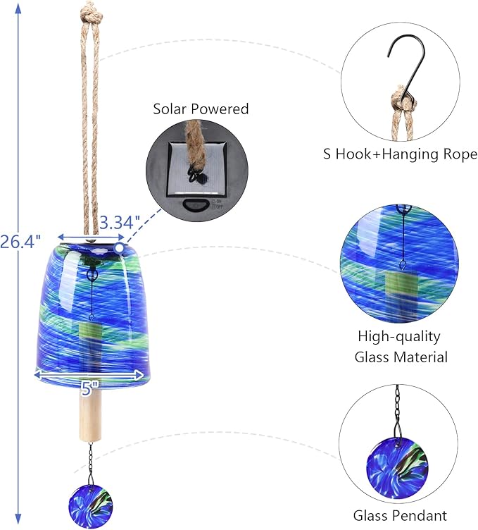 Taman Solar Wind Chime - 28" Glass Solar Lights Wind Chimes Valentine's Day Gift for Outside Deep Tone Decorative Mother's Day Memorial Gift for Home, Outdoor, Yard, Patio, Balcony, Garden Decor