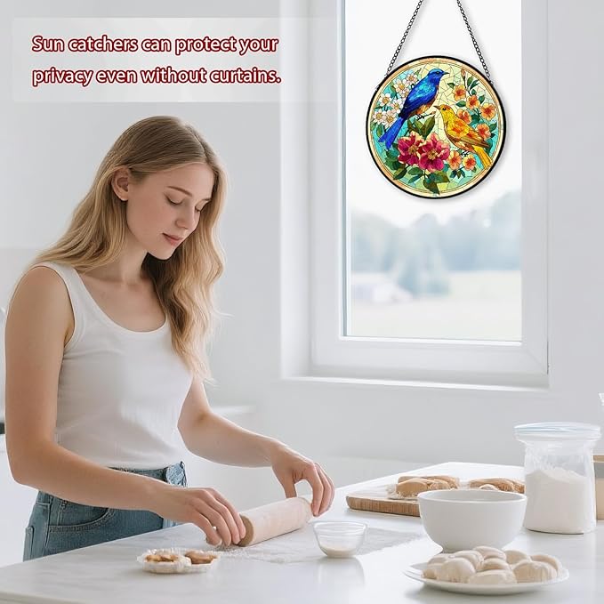 Hummingbird Stained Glass Window Hanging, Suncatcher Diamond Glass Panel Hangings, Sun Catchers Indoor Windows Wall Art, Gift for Mom Grandma Bird Lover, Christmas Decor for Home Office 7.87 inches