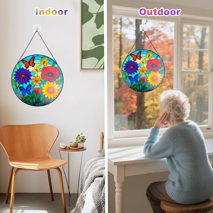 Wildflowers Stained Glass Window Hanging, Wildflowers Suncatcher for Indoor Window, Floral Stained Glass Decor for Garden, Home, Outdoor, Sun Catchers Birthday Gift for Women,Lovers and Mom 12 Inch