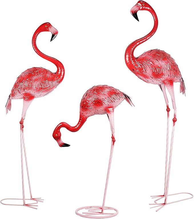 DreamsEden Large Flamingo Garden Statues Set of 3, Outdoor Metal Flamingo Sculptures Yard Art for Lawn Patio Decor, Pink Red Bird Ornaments (47.6 x 42.5 x 26.9 Inch)