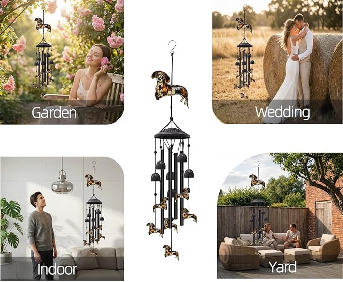 35.4" Dachshund Wind Chimes for Outside, Metal Windchimes, Dachshund Wind Chime Garden Decor, Mothers Day Birthday Memorial Gifts for Mom Grandma Wife, Durable Outdoors Decor