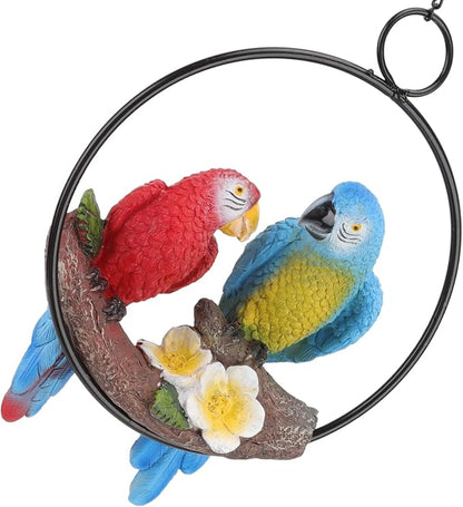 Garden Iron Ring Parrot Pendant, Hanging Parrot Sculpture, Garden Iron Ring Parrot Pendant, Parrot Statue On Metal Ring Garden Bird Hanging Chain Statue Decor Small Red Blue Macaw for Patio Home