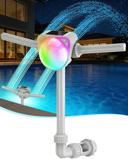 Solar Pool Fountain w/7-Color LED Lights, 2026 Dual-Head Adjustable Spray Pool Fountains for Above & Inground Pools, High-Pressure Waterfall & Pool Sprinkler Fountain for Cooling & Relaxation