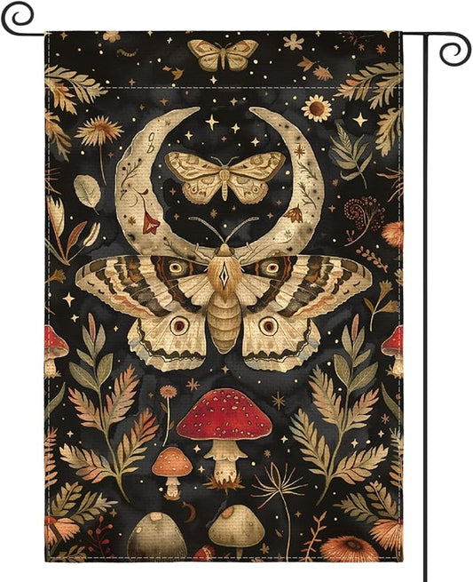 AVOIN colorlife Forest Garden Flag 12x18 Inch Double Sided Outside, Mushroom Moon and Moth Yard Outdoor Flag R034