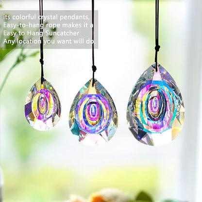 Window Hanging Crystal Prisms Sun Catcher AB Coating Rainbow Maker Glass Prisms Hanging Suncatcher Pendant for Home Garden Decor,76mm/63mm/50mm Chandelier Prism Parts, Pack of 3