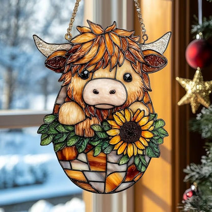 Mosaic Highland Cow and Sunflowers Acrylic Suncatcher Stained Glass Effect Window Car Hanging Christmas Ornament Indoor Outdoor Decor Garden Sun Catcher Panel for Cow Lover for Women Mom Grandma