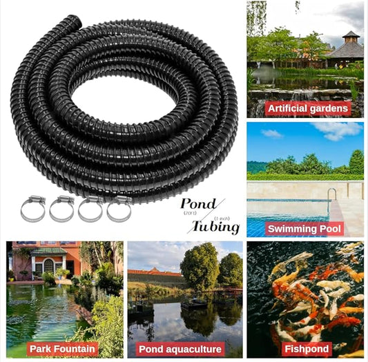 Pond Tubing ID 1” × 20FT Long Corrugated Flexible Pond Hose Pipe with 4 Clamps Pipe Fittings for Pond Pump Fountain Garden Waterfall