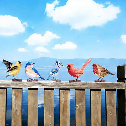 5PCS Vivid Metal Birds Fence Decor, Double-Sided Printed Garden Sculptures, Outdoor Bird Wall Decor, 2D Yard Art, Garden Bird Decoration for Patio, Balcony, Lawn, Bird Lovers