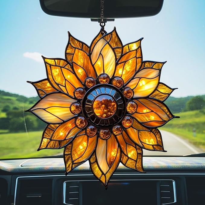 Sunflower Faux Mosaic Acrylic Suncatcher Stained Glass Effect Window Car Hanging Christmas Ornament Indoor Outdoor Decor Garden Sun Catcher Panel for Sunflower Lover for Women Mom Grandma
