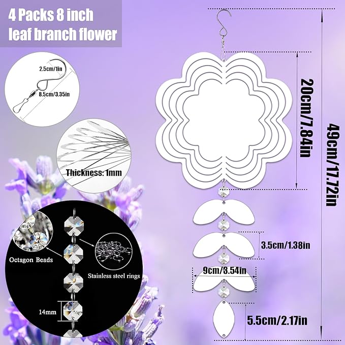 4Pack 8inch Sublimation Wind Spinner Blanks 3D Aluminum Metal Wind Sculpture Kinetic Spinners for Yard and Garden Indoor Art Ornaments Hanging Decoration (Leaf Branch Flower)