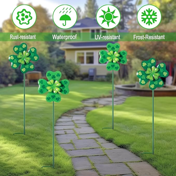 Wind Spinners Outdoor,4 Pack Shamrock Garden Stakes for Outside,Saint Patrick's Day Decorations,Metal Wind Spinner Yard Art for Patio,Lawn