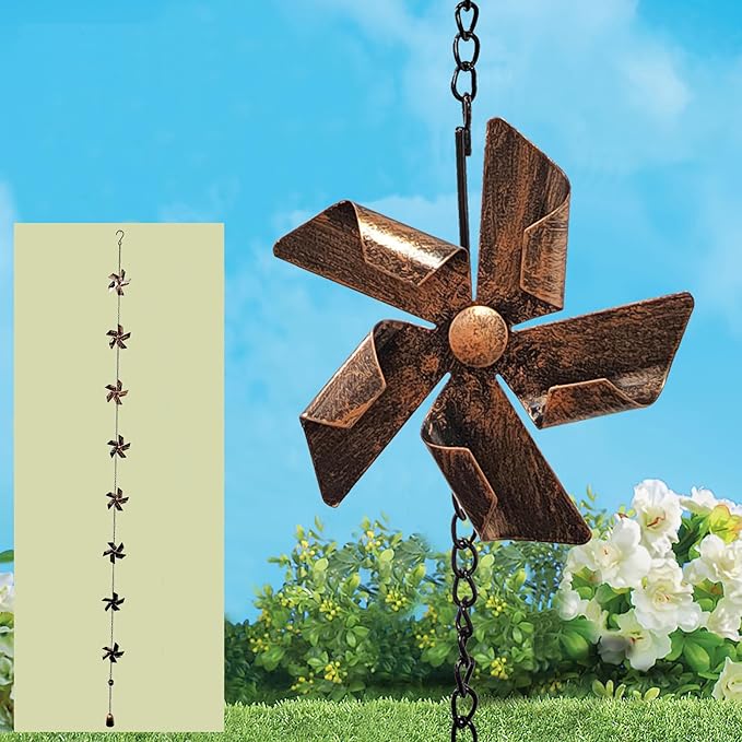 Long Decorative Metal Rain Chain with 8 Windmill Functional Replacement for Gutters Downspouts, Outdoor Garden Rainwater Collector, Easy Installation, Durable Artistic, Adds Curb Appeal to Your Home