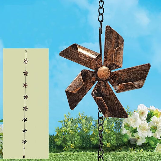 Long Decorative Metal Rain Chain with 8 Windmill Functional Replacement for Gutters Downspouts, Outdoor Garden Rainwater Collector, Easy Installation, Durable Artistic, Adds Curb Appeal to Your Home