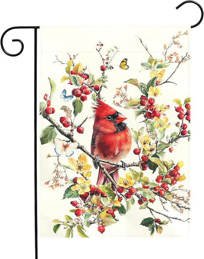 Red Cardinal Bird Garden Flag Spring Summer Floral Yard Flags for Outdoor Lawn Porch Patio Decoration Memorial Birds Lover Gift Butterfly Watercolor Wild Bird House Banner Decor 12x18 Inch