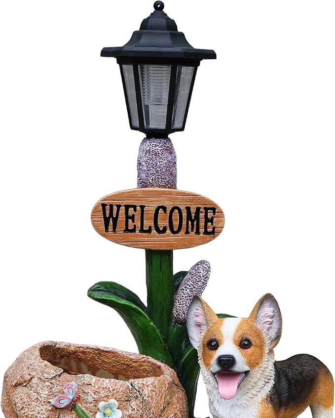 Solar Light Animal Outdoor Statue Planter with Welcome Sign, Resin Garden Sculpture Flower Pot for Patio Lawn Porch Yard Courtyard Decor, Weather-Resistant Decorative Figurine Accent (M)