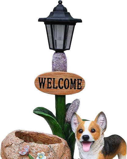 Solar Light Animal Outdoor Statue Planter with Welcome Sign, Resin Garden Sculpture Flower Pot for Patio Lawn Porch Yard Courtyard Decor, Weather-Resistant Decorative Figurine Accent (M)
