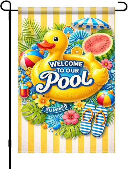 BlissYard Welcome To Our Pool Garden Flag 12x18 Double Sided Vertical Outdoor Decor Rubber Duck Summer Poolside Yard Garden Lawn Banner Bright Seasonal Display