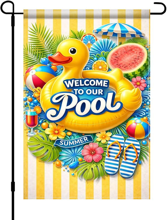 BlissYard Welcome To Our Pool Garden Flag 12x18 Double Sided Vertical Outdoor Decor Rubber Duck Summer Poolside Yard Garden Lawn Banner Bright Seasonal Display