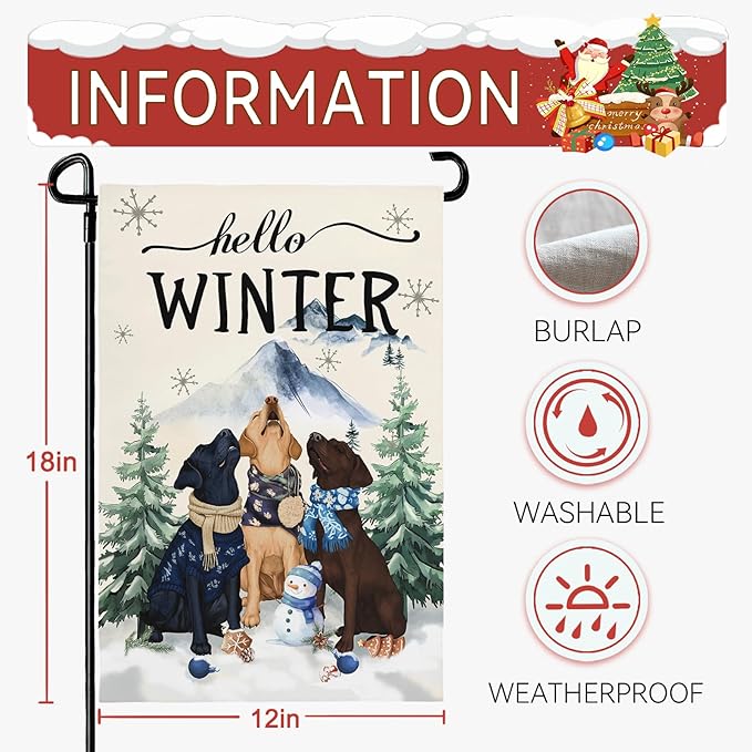 Hello Winter Garden Flag Double Sided Dog Retriever Retrievers Snowflake Burlap Yard Flag Rustic Farmhouse UV Fade Resistant Snow Man Small Garden Flags Front Porch Lawn Outdoor 12x18 Inch