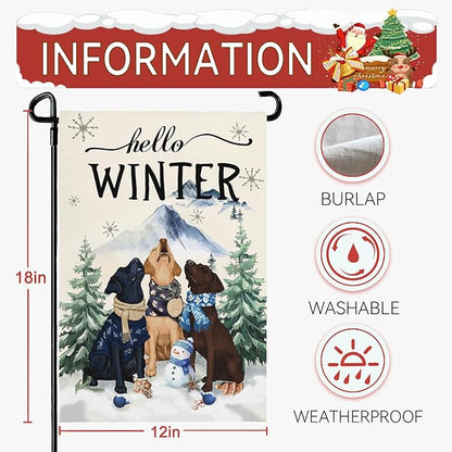Hello Winter Garden Flag Double Sided Dog Retriever Retrievers Snowflake Burlap Yard Flag Rustic Farmhouse UV Fade Resistant Snow Man Small Garden Flags Front Porch Lawn Outdoor 12x18 Inch
