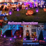 KYEKIO Halloween Decorations Outdoor, 12Pack Purple Solar Halloween Lights, Solar Torch Lights with Flickering Flame for Garden Decor, Waterproof Outdoor Lighting, Scary Torches for Yard Lawn Pathway