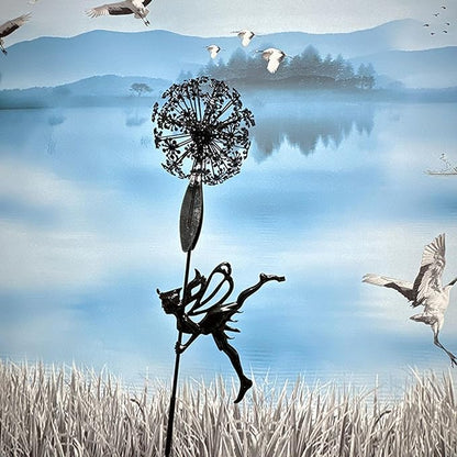 Flower Fairy Dancing with Dandelion Garden Sculpture,Angel Metal Ornaments Stainless Steel Statue Decorations,Wonderland Outdoor Yard Lawn Patio Stakes Sculptures Decor (D)