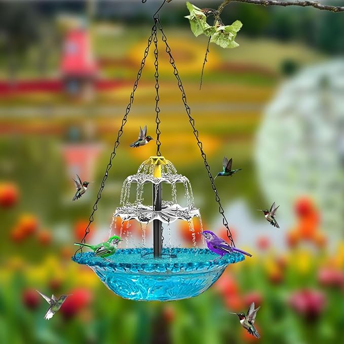 Solar Bird Bath Fountain | Hanging Plastic Water Fountain for Garden/Patio/Yard | Solar Powered Hummingbird Fountain with 3 Water Flow Modes | 28.75oz Lightweight Design