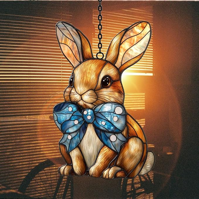 Warm Mosaic Bunny Art Acrylic Suncatcher Stained Glass Effect Window Car Hanging Christmas Ornament Indoor Outdoor Decor Garden Sun Catcher Panel for Easter Lover for Women Mom Grandma