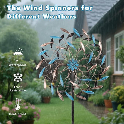 DREAMYSOUL Wind Spinner Outdoor, 23" Dia Metal Windmills with Blue and Copper Leaves, Kinetic Wind Spinners & Sculpture for Yard and Garden
