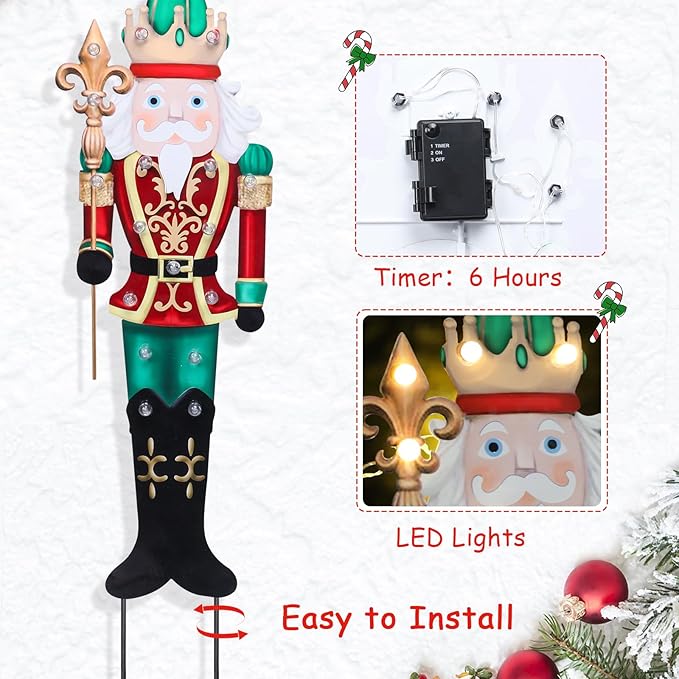 WONDER GARDEN Outdoor Nutcracker Christmas Yard Stakes, Metal Yard Signs, Led Light Soldier King Christmas Yard Decorations for Lawn Party Decorations