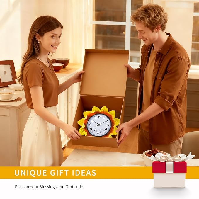 3D Metal Sunflower Wall-Mounted Outdoor Clock Thermometer and Hygrometer Combo，11 Inch Wall Clock Waterproof Quartz Clock Silent No-Ticking for Patio,Kitchen, Living Room,bedrooms,Garden