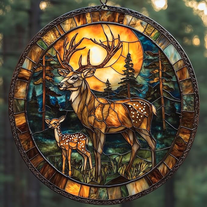 Deer Acrylic Suncatcher Stained Glass Effect Window Car Hanging Christmas Ornament Indoor Outdoor Decor Garden Sun Catcher Panel for Deer Lover for Women Mom Grandma