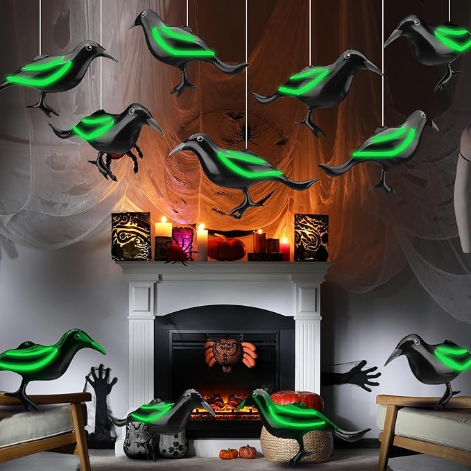 Ripeng 12 Pcs 11.5'' Halloween Inflatable Outdoor Decoration Large Halloween Crow Inflatable Hanging Ornament Realistic PVC Glow in The Dark Black Blow up Crow for Outside Indoor Yard Tree Party Decor