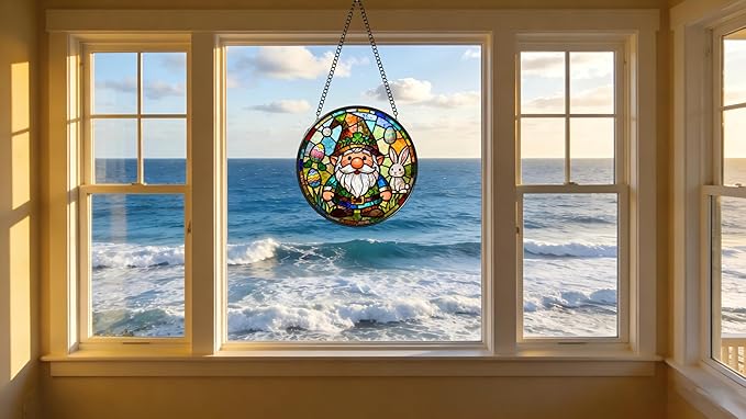Funoasis Bunny Gnome Stained Glass Suncatcher - 6.3 Inches Easter Egg Hanging Window Ornaments Gift for Holiday Celebration Decoration