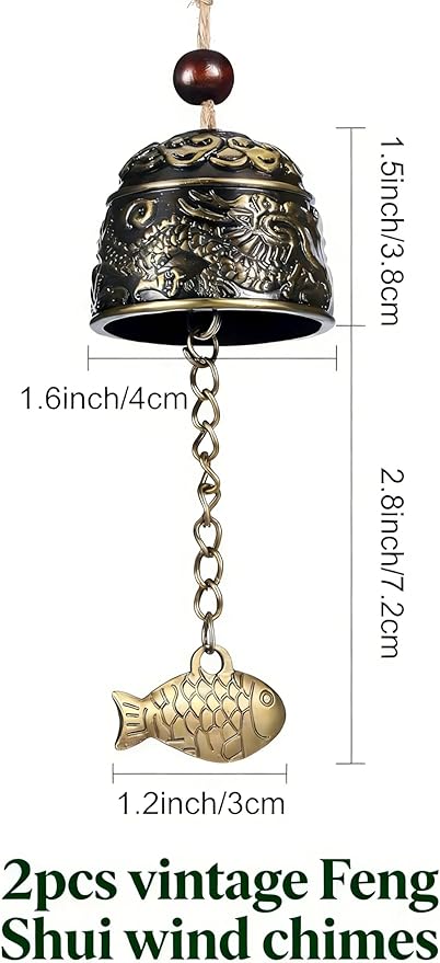 2pcs Vintage Style Feng Shui Wind Chimes - Handcrafted Metal Dragon Fish Decor for Patio & Home