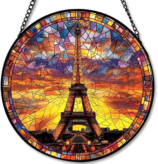 Stained Glass Window Hanging - 11.8in Eiffel Tower Paris Sunset View Sun Catchers Indoor Stained Glass Panels Wall Decor for Mom，Wife，Lovers，Festive