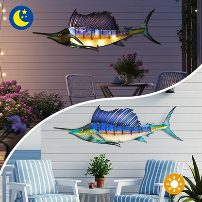 LIFFY Metal Fish Wall Art,36" Large Sailfish Wall Decor with Led Lights,Indoor Outdoor Mounted Tropical Swordfish Hanging Decorations for Home Living Room Bedroom Garden Patio