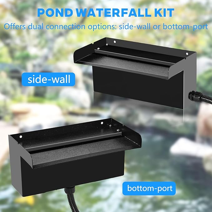 Upgraded Outdoor Pond Waterfall Kit with 50W Pump - 825 GPH Water Flow, 12.2 Inch Adjustable Waterfall Spillway & Extra Long Hose for Garden Ponds, Backyard Water Features (upgrade)