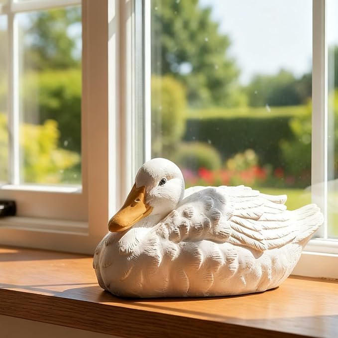 Porch Duck Statue Outdoor Decor,6.9''(D) Squatting White Duck Garden Sculptures for Yard Lawn,Resin Animal Figurines Home Patio Art Decorations