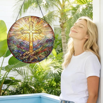 Christian Cross Stained Glass Window Hanging - Mountain Landscape Religious Sun Catcher with Chain, Round Glass Ornament for Home Garden Window Decor Gift, 8 Inch