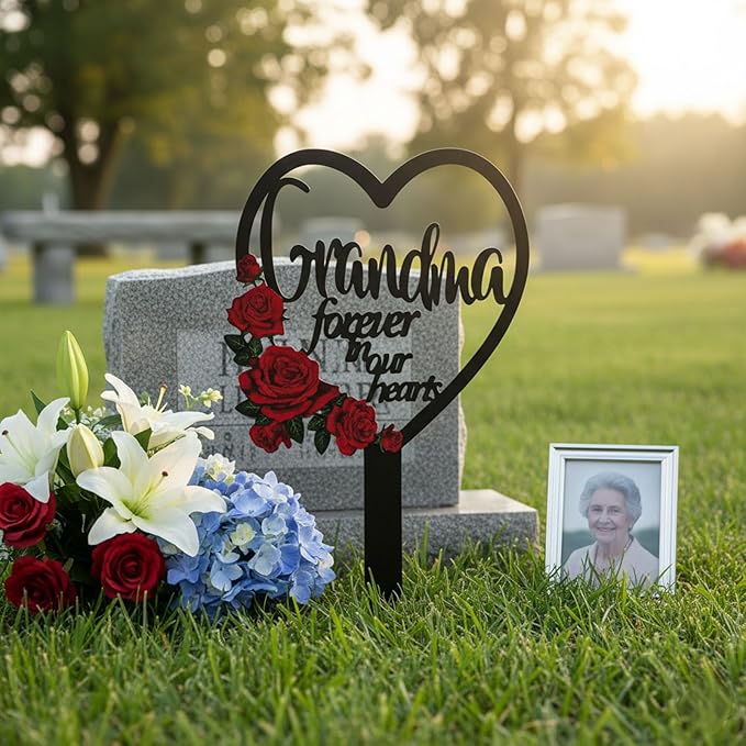 AIM & GGKK Memorial Stake for Grandma - Metal Heart Grave Marker with Red Roses, Memorial Plaque Cemetery Decor for Grave, Garden, Gravesite