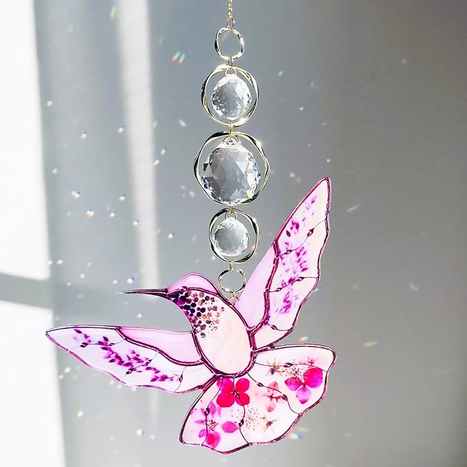 Pink Acrylic Hummingbird Flowers Garden Suncatcher Christmas Tree Home Decor Window Hanging Ornaments Crystal Prism Rainbow Maker Sun Catcher Appreciation Gifts for Mom Grandma Sister