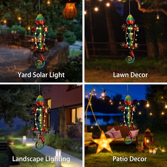 Gecko Solar Outdoor Lights Hanging Lanterns Metal Decorative Lights for Backyard Porch Patio Yard Balcony Teepee Lawn Pathway……