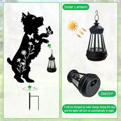Solar Lights Outdoor Pathway,2 Pack Metal Yorkie Decor with Solar Lantern Garden Stakes,Outside Decorations for Yard,Lawn,Patio,Perfect Dog Gifts for Women