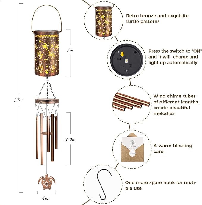 YHmall Sea Turtle Solar Wind Chimes for Outside, Bronze Windchimes Outdoor Sea Turtle Gifts for Women, Mom, Garden Decor Hanging Solar Lights for Outside
