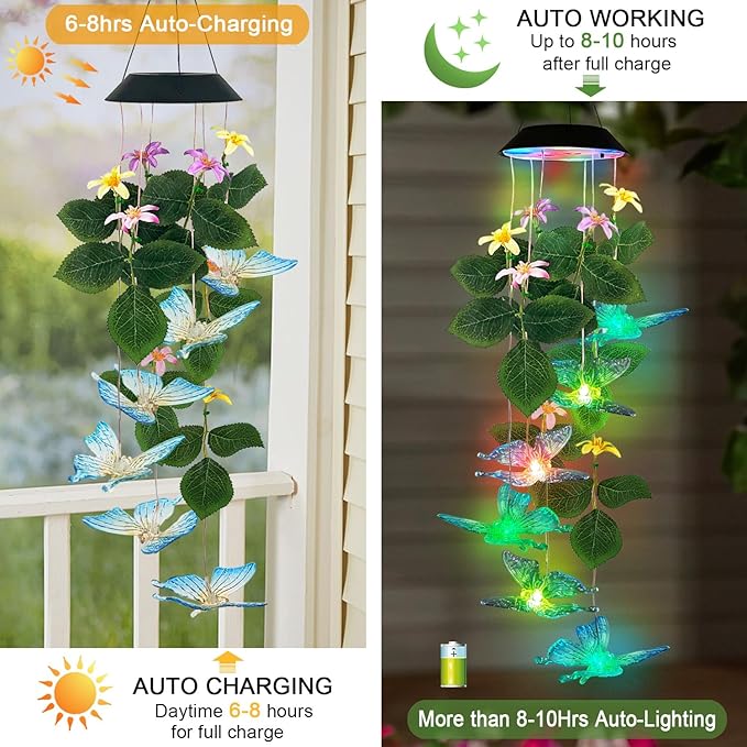 Butterfly Solar Wind Chimes Outside,Color Changing Solar Lights Dangler Mobiles for Outdoor,Hanging Decoraition for Patio,Porch,Yard,Gifts for Women