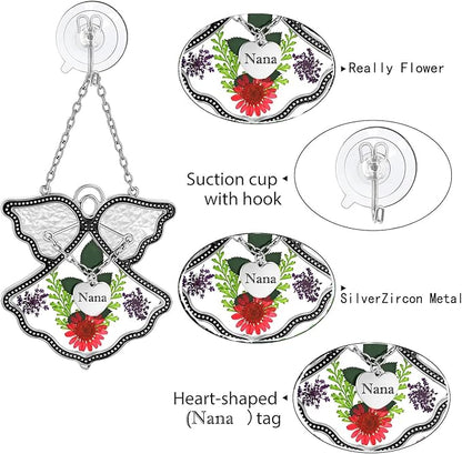 KY&BOSAM Angel Suncatcher Nana Stained Glass for Windows Hangings Wind Chime Home Decor with Pressed Drived Flower in Glass and Metal Charm Birthdays Gifts for Nana Mothers Day Valentines Christmas